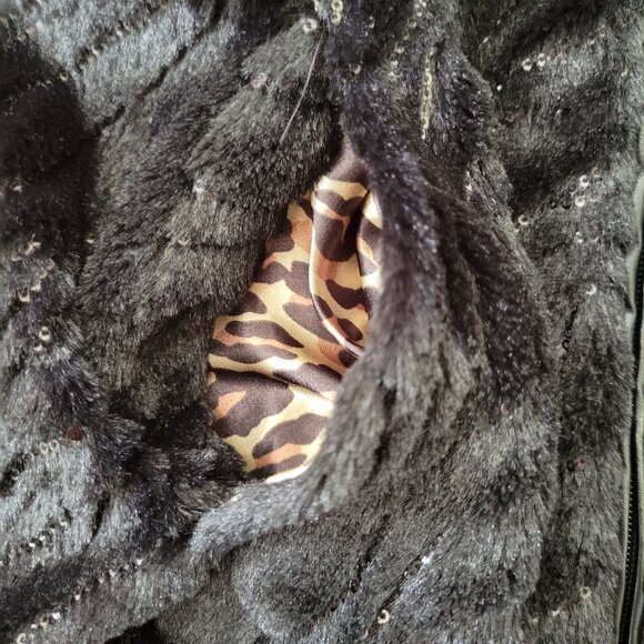 Betsey Johnson M Black Faux Fur Vest Sequins Pockets Leopard Print Zip Up‎ - Picture 5 of 6